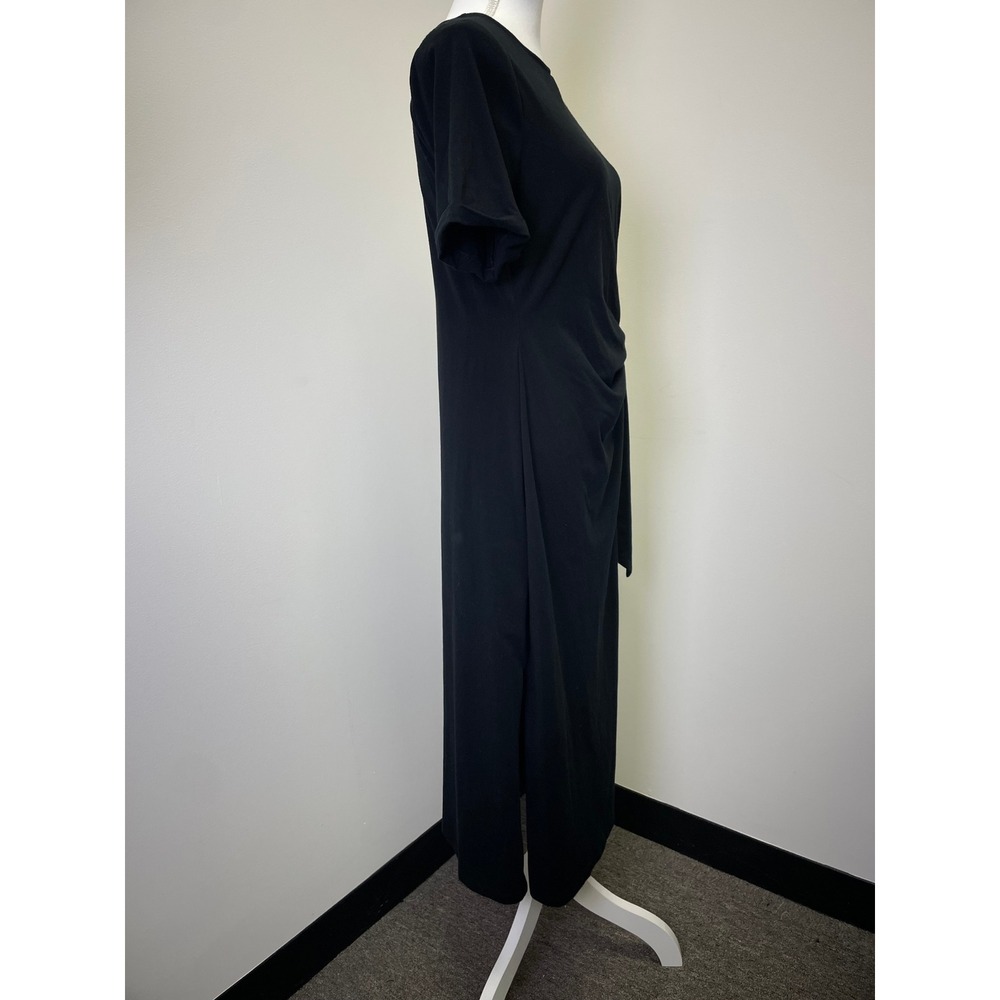NEW On 34th Core Tie Dress L Deep Black Short Sleeve Midi Side Slit Jersey - Picture 2 of 12